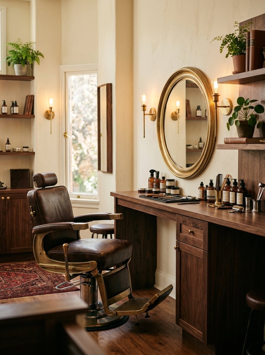 Sfeervolle kapsalon met een vintage leren stoel en ronde spiegel met messing lijst